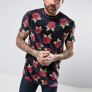 ASOS Longline Velour T-shirt In Rose Print